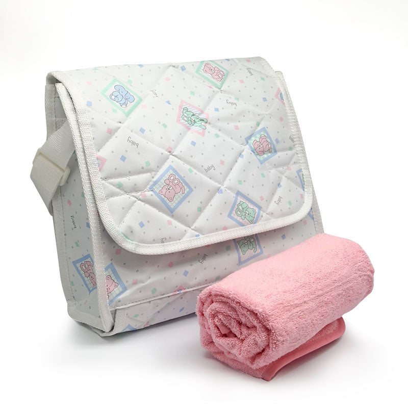 Bolso mudador ositos + toalla bebé rosada